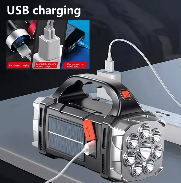 Rechargeable Solar LED Camping Flashlight with COB Work Light and Power Bank