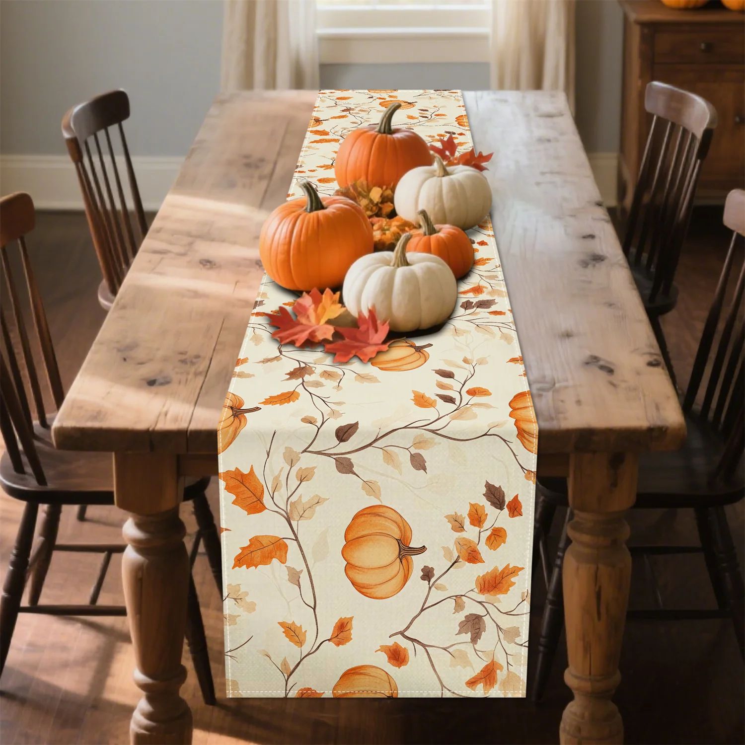 Pumpkin Fall Leaves Table Runner Decor
