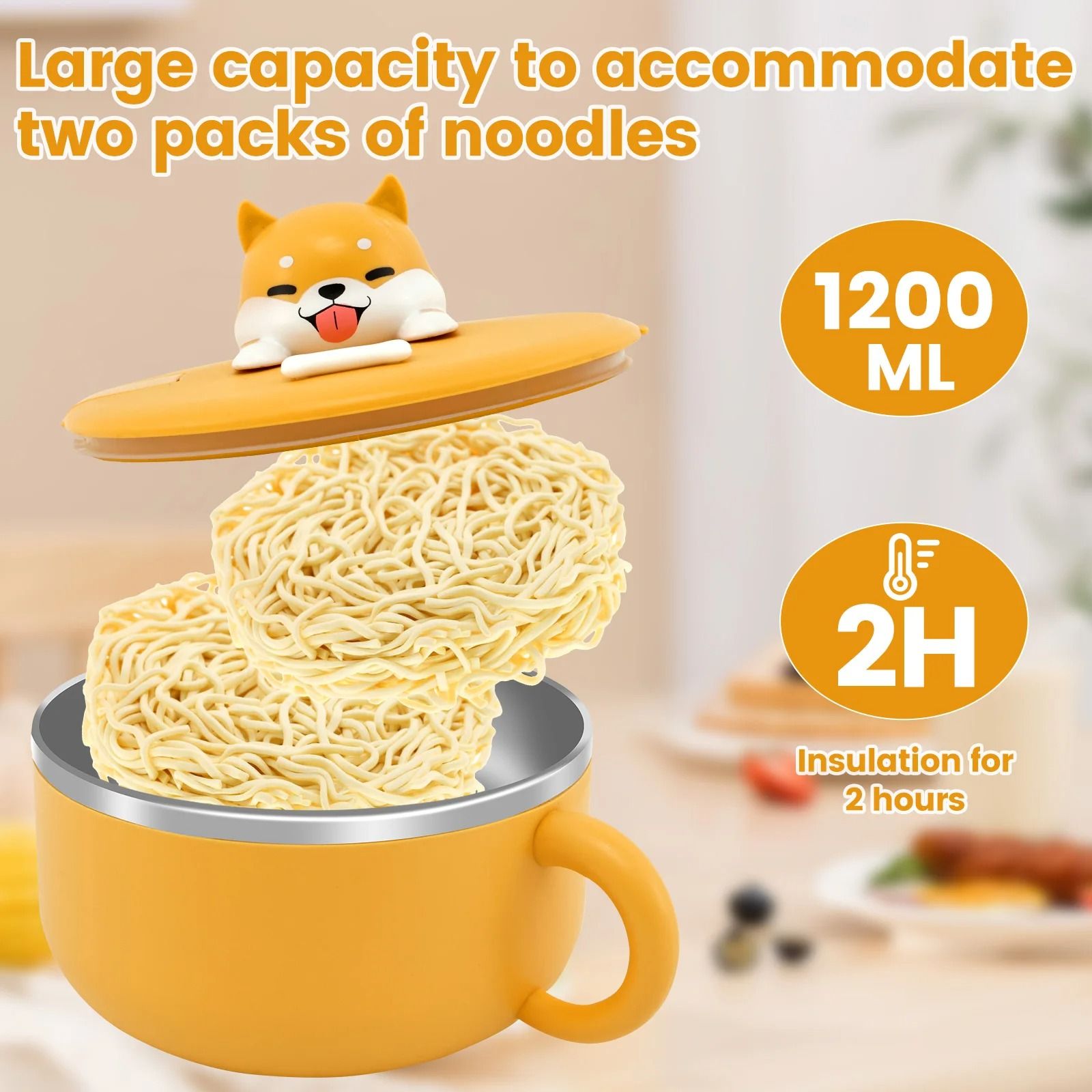 1200ml Insulated Stainless Steel Ramen Bowl with Lid