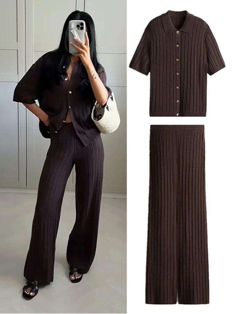 Women's Vintage Knit Cardigan & Straight Pants Set – Brown Loose Fit 2-Piece Fashion Suit