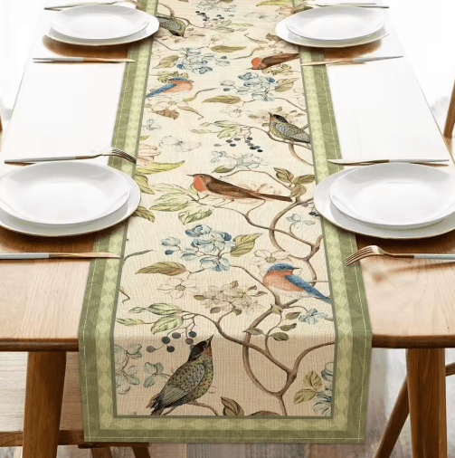 Vintage Floral Bird Linen Table Runner – Farmhouse Summer Garden Dining Decor