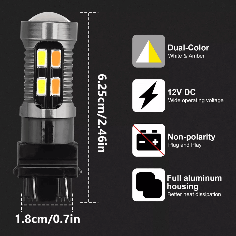 LED DRL Switchback Turn Signal Light Bulbs, White Amber