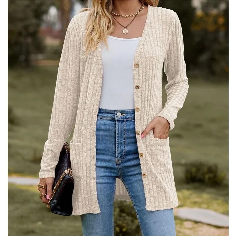 Women Long Sleeve Button V Neck Casual Cardigan Jacket