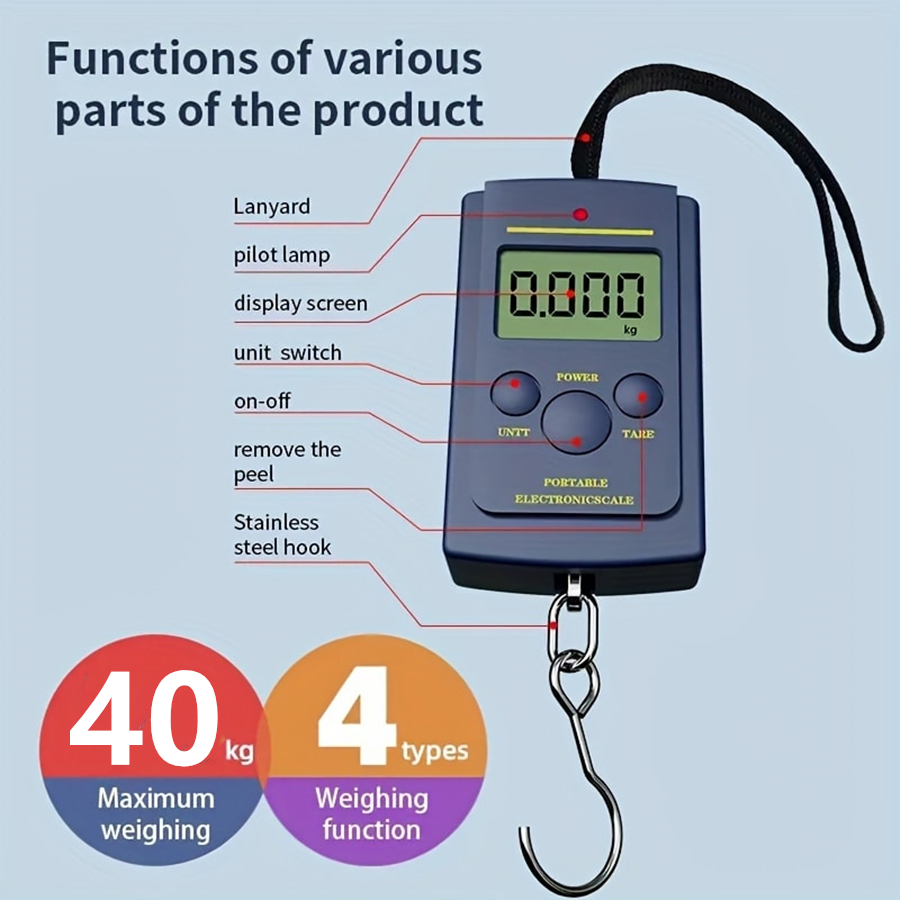 Multi functional Mini Electronic Digital, Portable Hanging Scale Weighs Tool, Travel Hook Scales for Fishing Luggage Sui