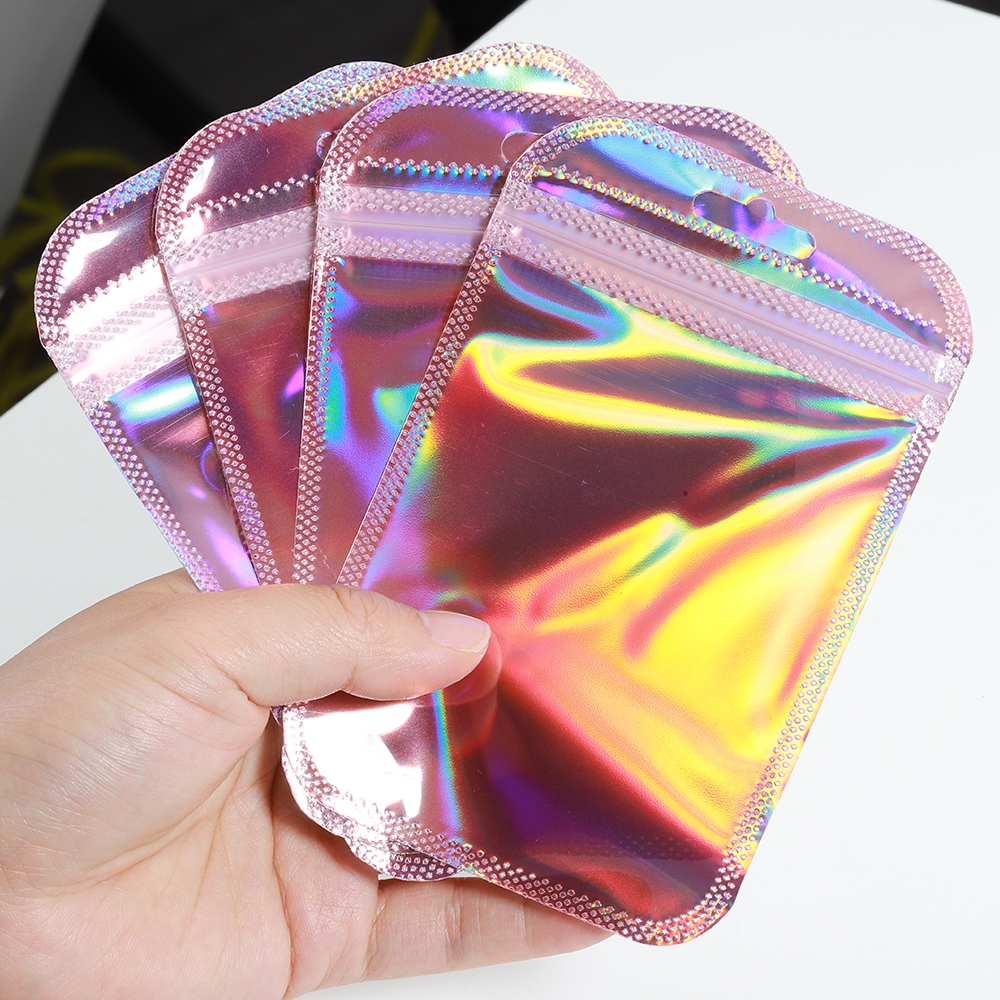 Resealable Zip Lock Pouches Pink Laser Iridescent Plastic Bags for Jewelry Display Retail
