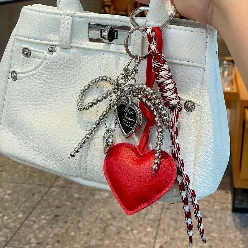 Trendy Leather Heart Bow Delicate Beaded Keychain