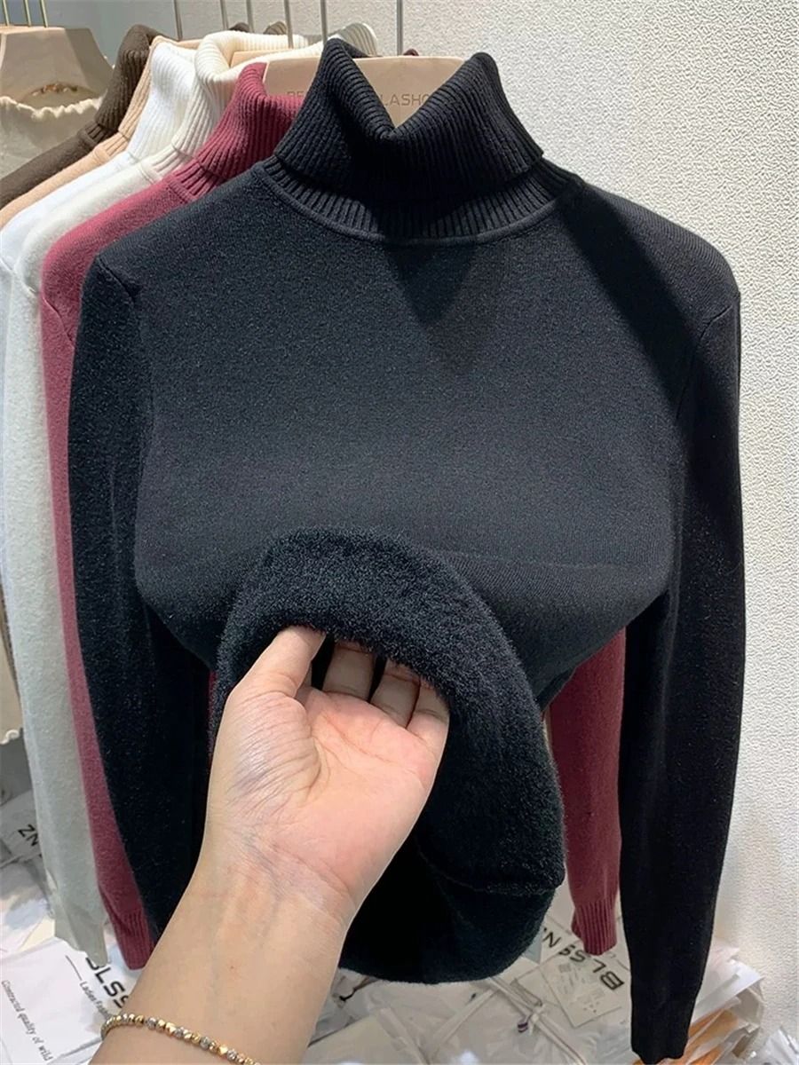 Elegant Thicken Velvet-Lined Turtleneck Sweater – Slim Knit Pullover & Warm Winter Jumper