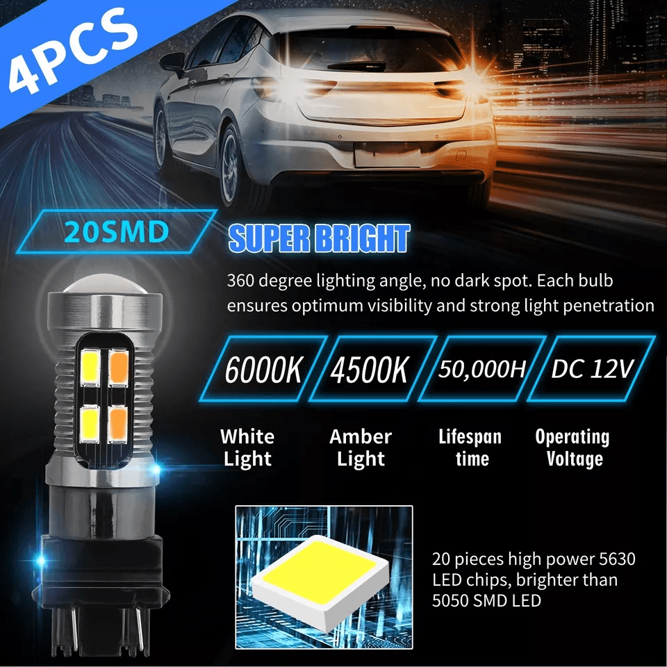 LED DRL Switchback Turn Signal Light Bulbs, White Amber
