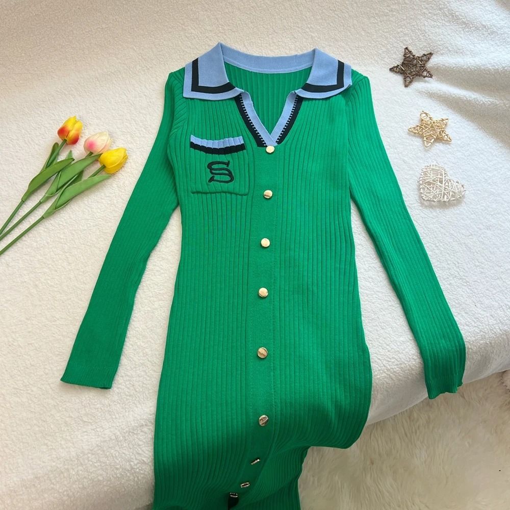 YuooMuoo Women Autumn Winter Y2K Embroidery Slim Elastic Long Sweater Dress Elegant Office Vestido
