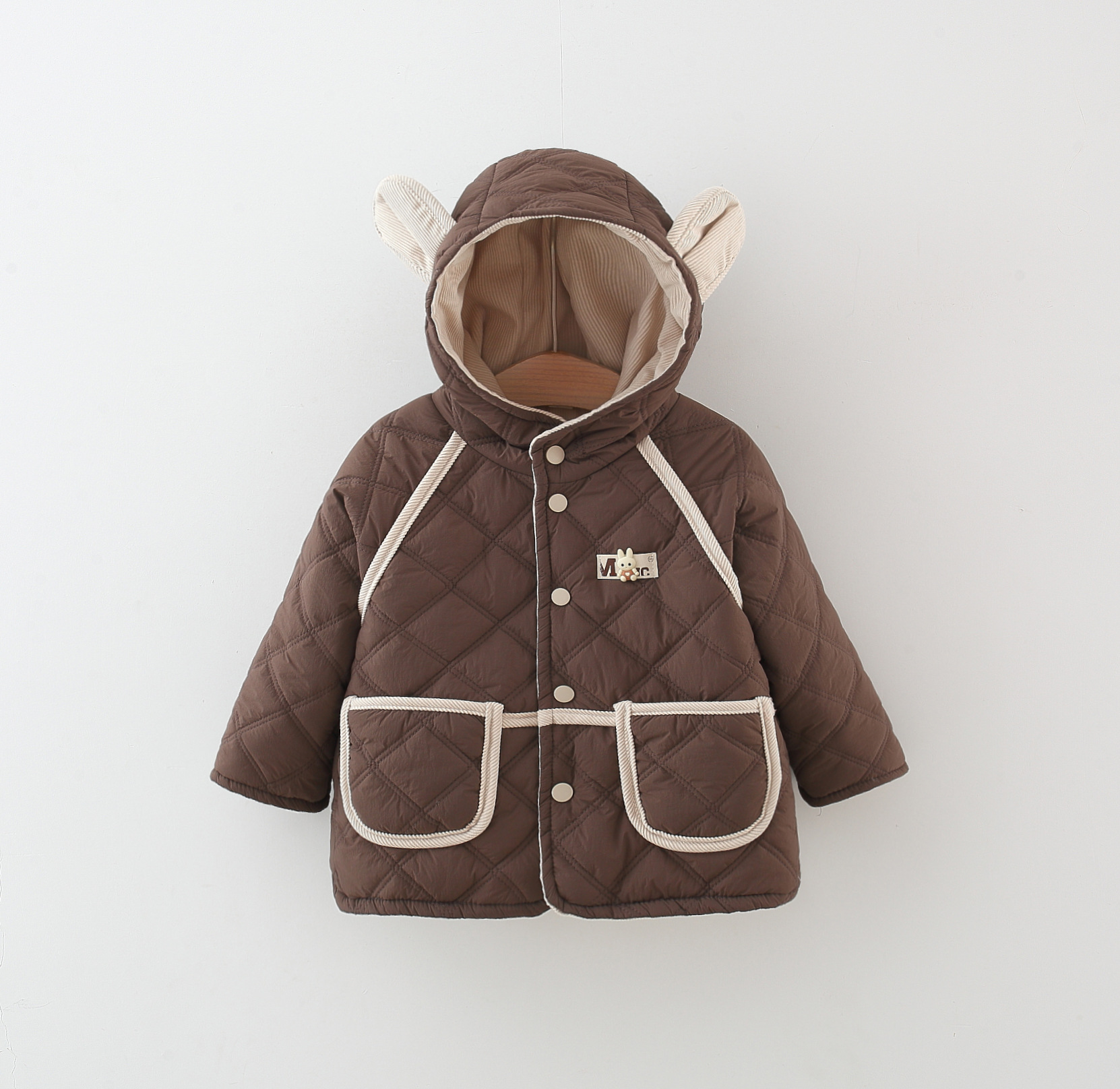 Winter Baby Girls Cotton Coat, Thick Rabbit Ear Hood, Diamond Grid Pattern, Two Pocket Jacket