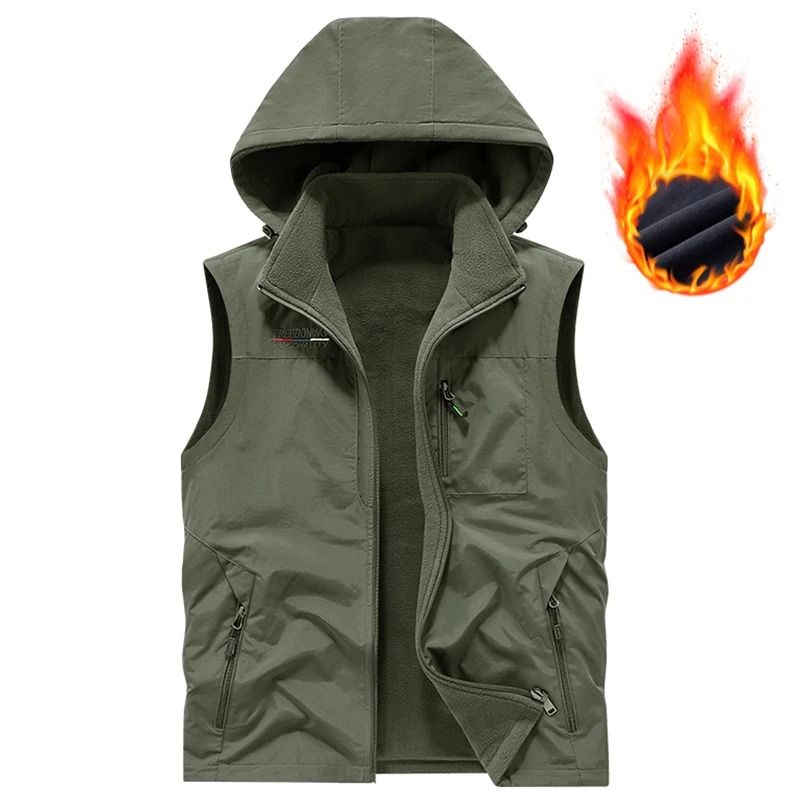 Mens Hooded Fleece Warm Vest Windproof Utility Photographer Vest