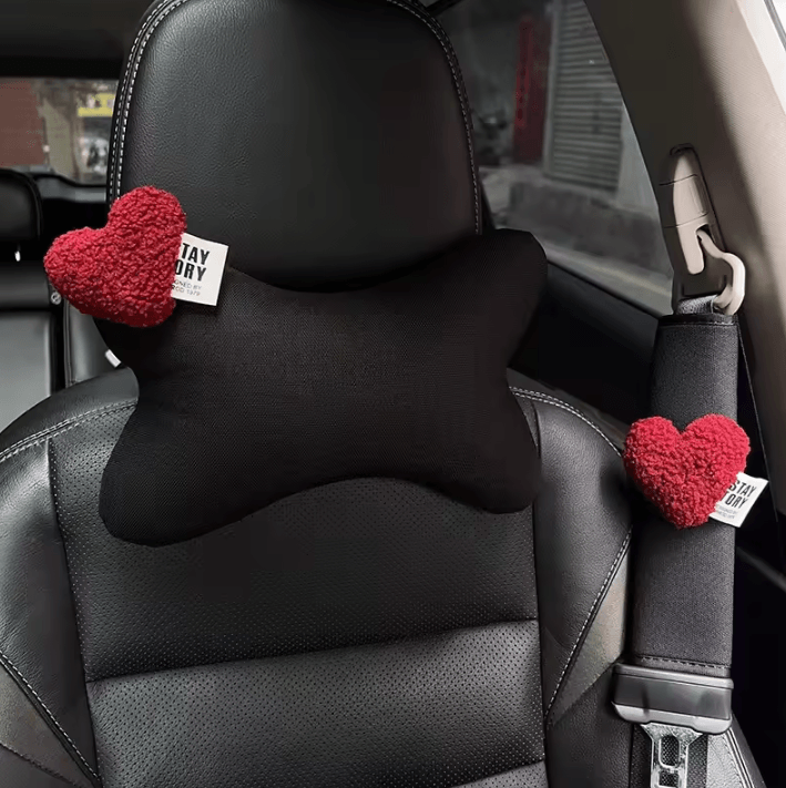 HeartRide Plush Car Neck Pillow – Cute Red Lover Hearts Headrest Support Cushion for Women