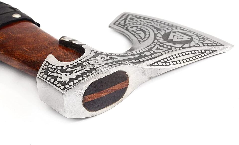 Handmade Engraved Viking Axe | 19 Inch High Carbon Steel Blade with 6 Inch Edge | Free Premium Leather Sheath