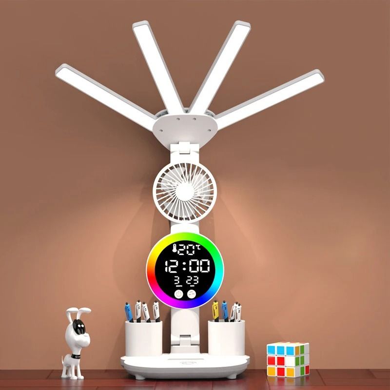 Rechargeable LED Table Lamp with Fan Clock Display for Desk Reading