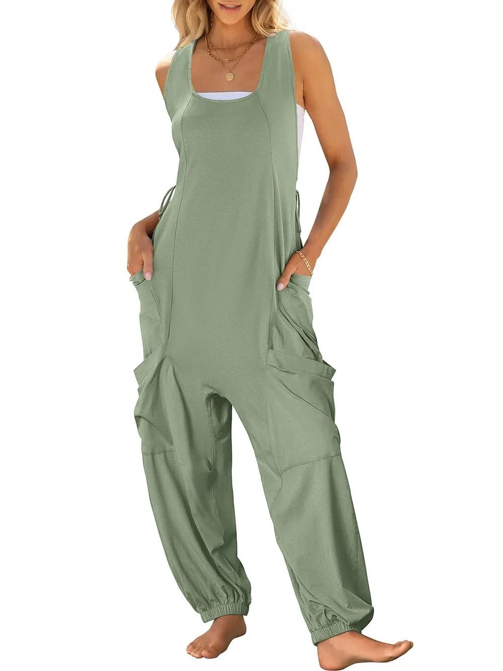 Casual Sleeveless Loose Harem Jumpsuit with Wide Leg Trousers