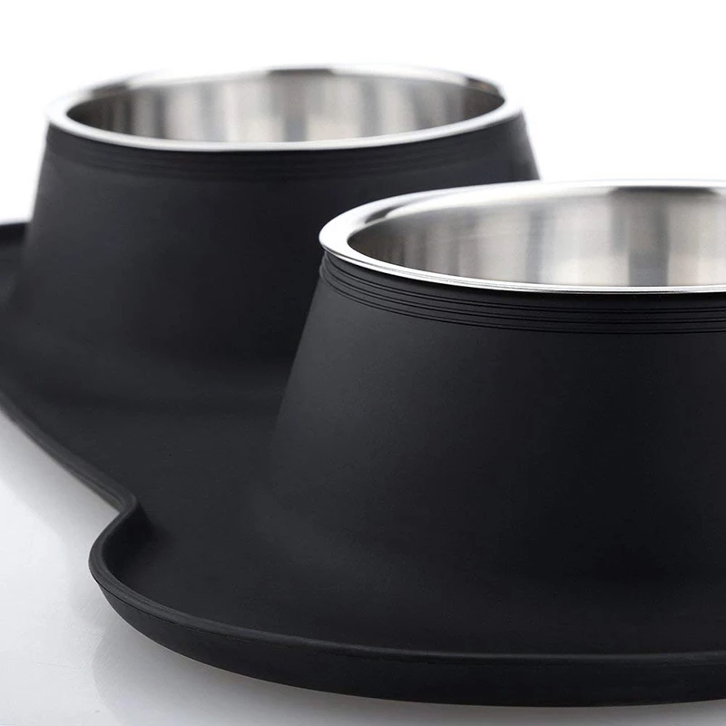 Double Dog Bowl Stainless Steel Pet Feeding Station with Non Slip Silicone Mat