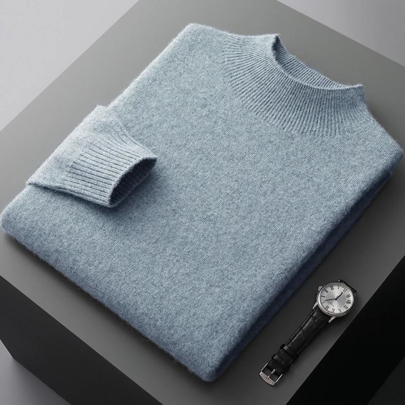 Men Casual Wool Sweater with Semi High Neck for Fall and Winter