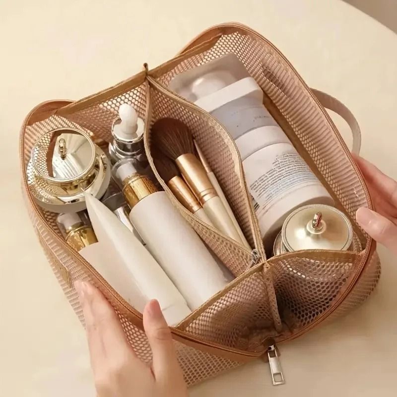 Large Capacity Mesh Makeup Bag with Multi Layer Zipper Organizer