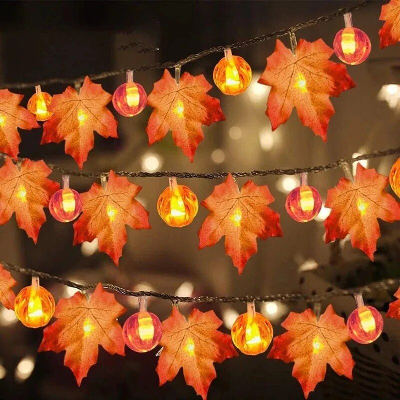 LED Autumn Decor: Artificial Maple Leaves Pumpkin Garland - Halloween & Thanksgiving DIY Party Supplies