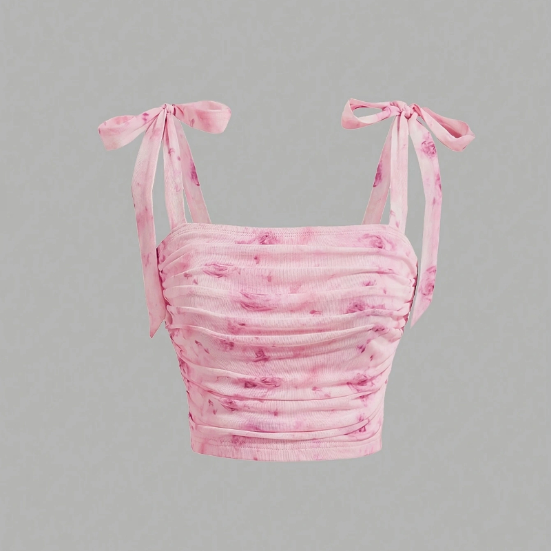 Pink Backless Camis Top, Solid Tie Shoulder Ruched Design, Wide Strap Slim Fit Crop Top, Summer Women Clothing