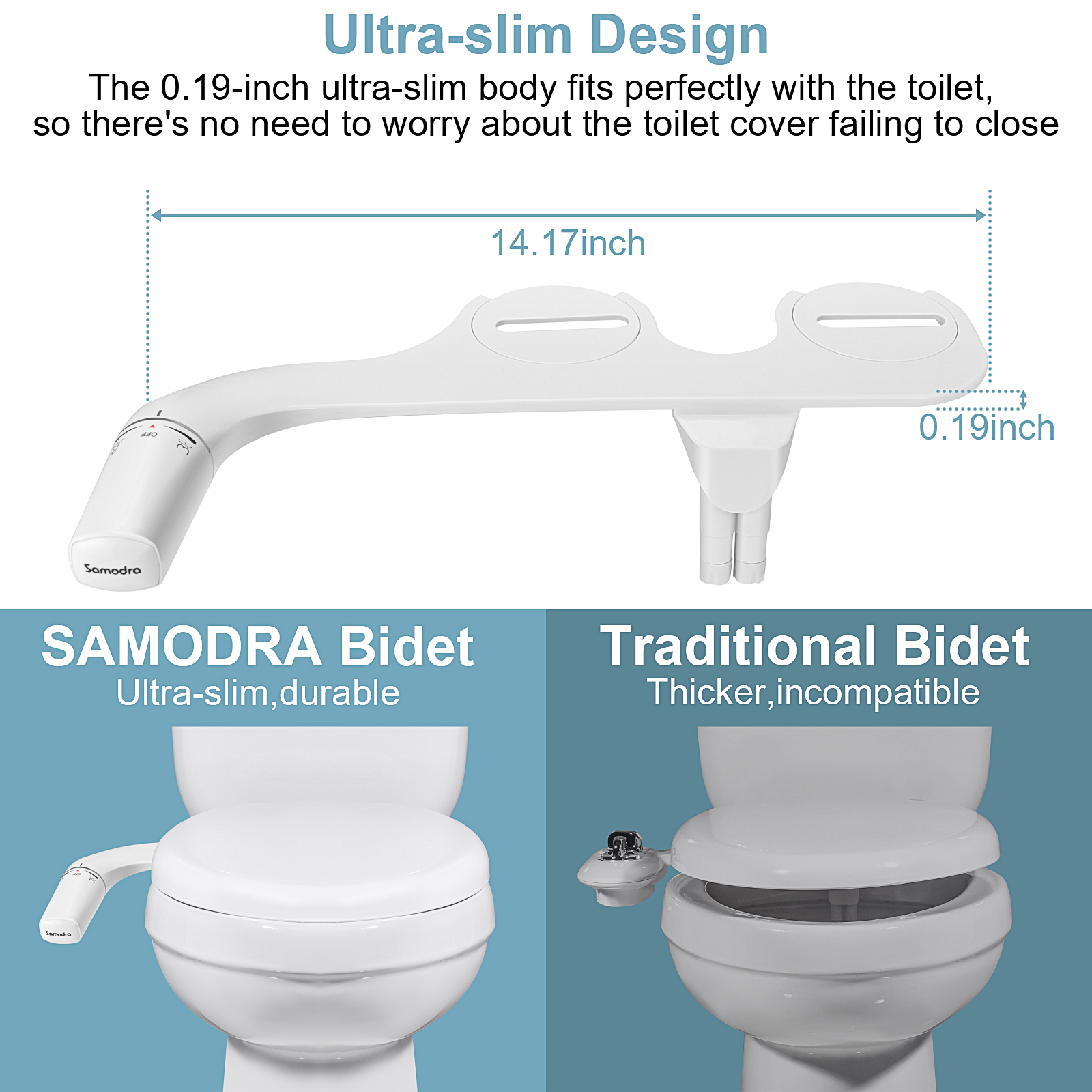 Ultra-Slim Bidet Attachment Dual Nozzle Toilet Seat Adjustable Water Pressure Non-Electric Ass Sprayer