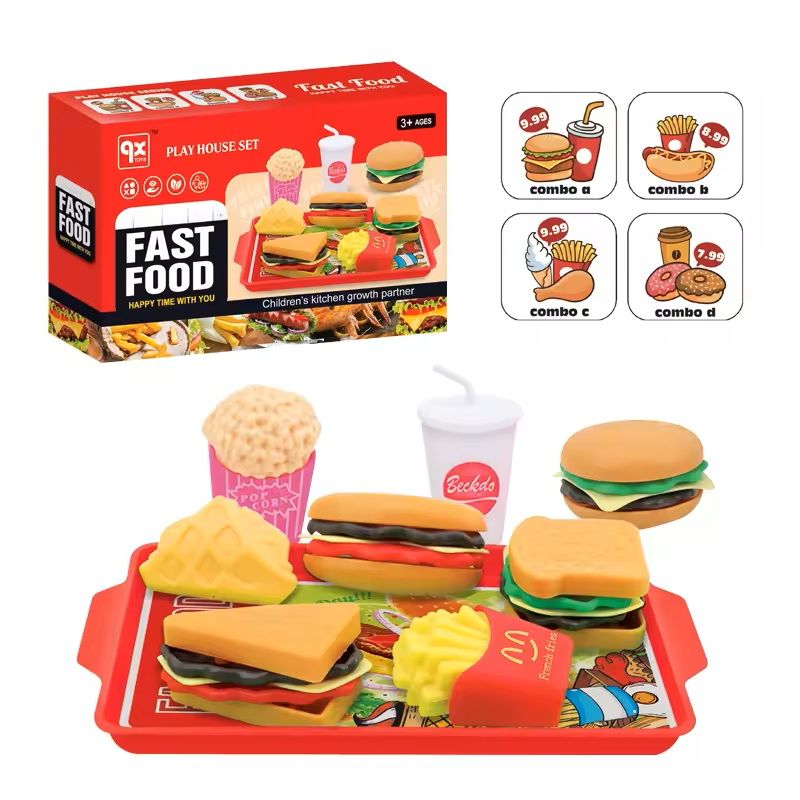 9-Piece Kids Pretend Play Food Toy Set Hamburger, Fries & Hot Dog Play Kitchen Toy for Toddlers