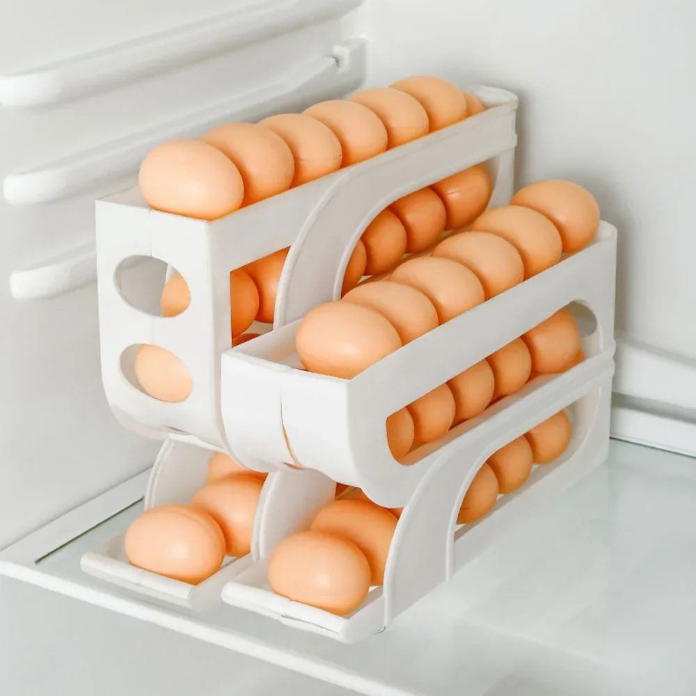 Large Capacity Automatic Egg Roller 4-Tier Refrigerator Egg Storage Box Space-Saving Kitchen Organizer