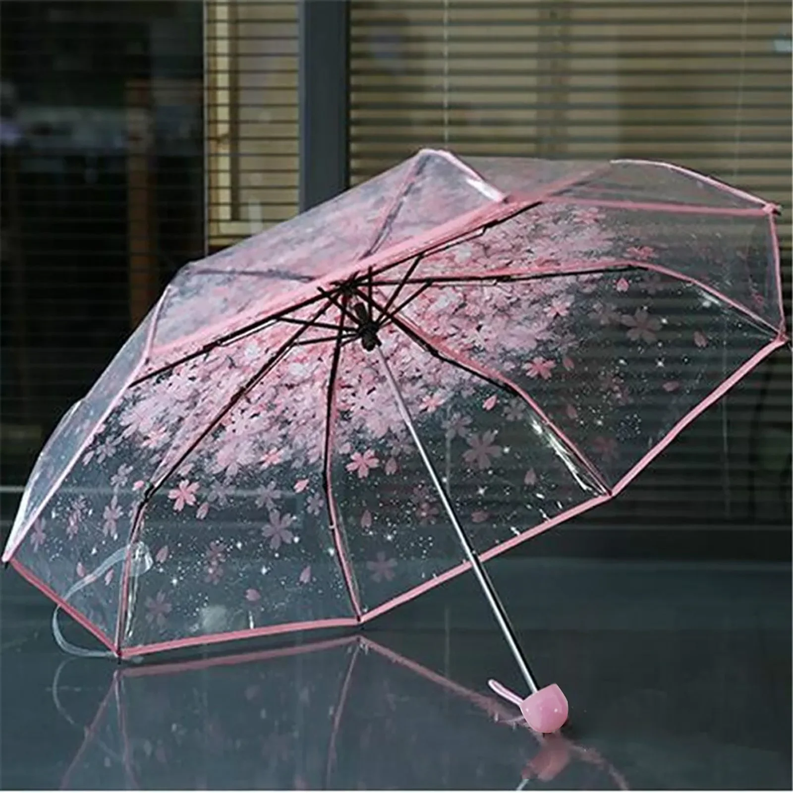 Durable 3-Fold Girls Travel Umbrella, Fashionable Sakura Fresh Transparent Petal, Fully Automatic 8 Bones