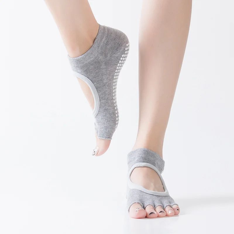 Womens Five-Toe Backless Non-Slip Pilates Socks – Breathable Cotton Yoga & Ballet Fitness Grip Socks