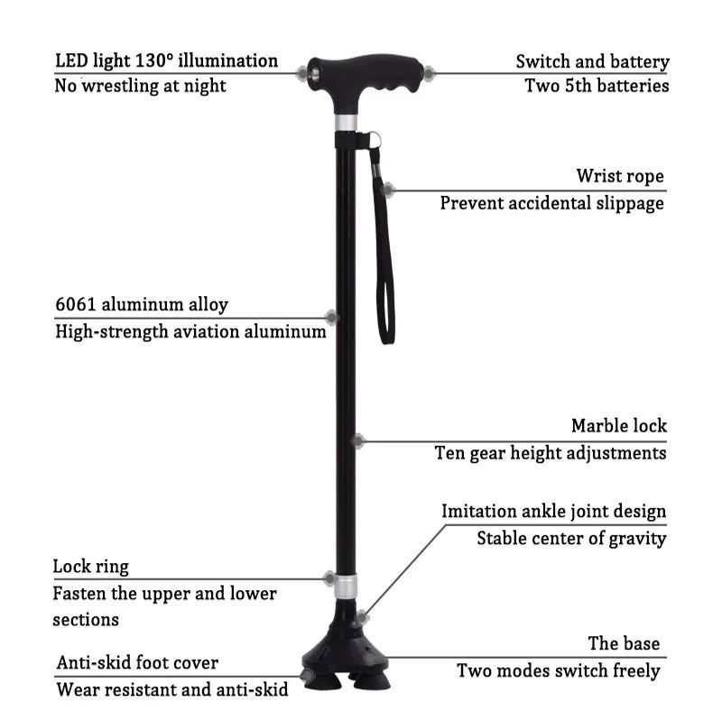 Retractable Non-Slip Aluminum Walking Cane with LED Light
