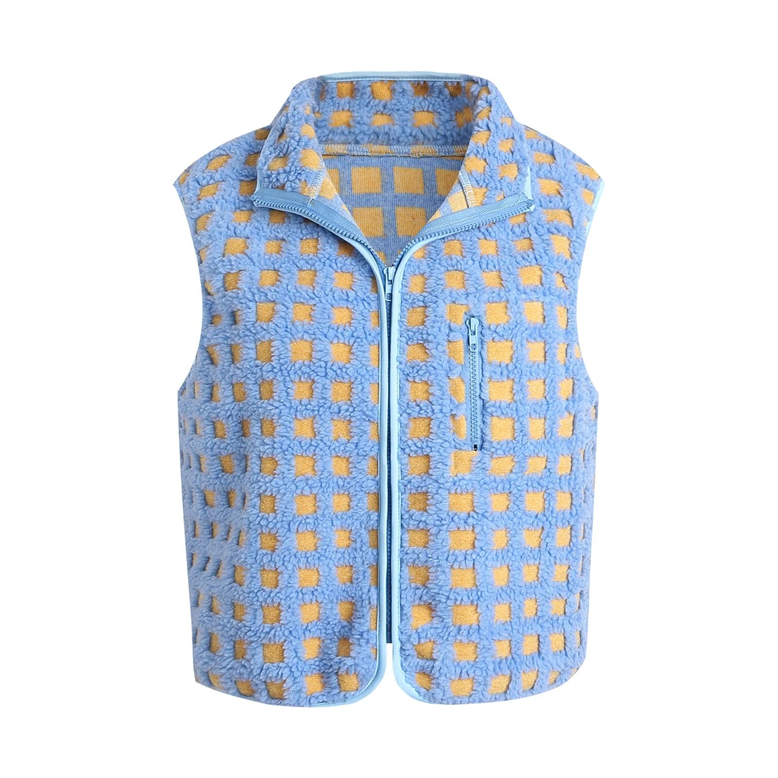 Womens Fuzzy Checkered Vest Zip Up Sleeveless Jacket Vest Warm Stand Collar Casual Outwear