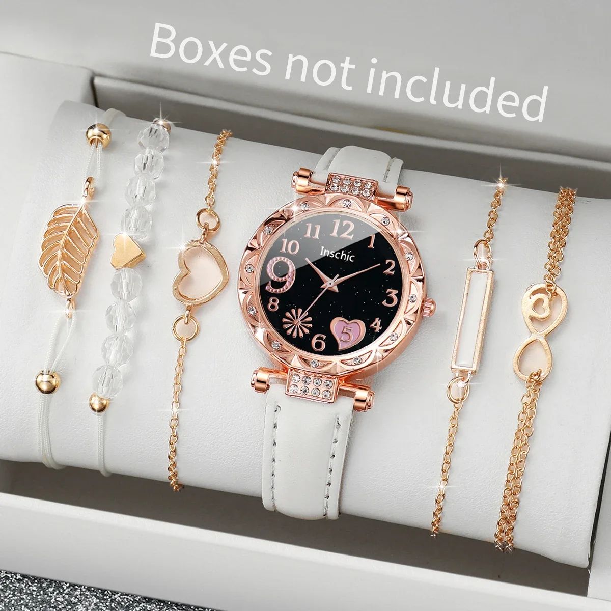 Heart Dial Leather Watch and Leaf Bracelet Set