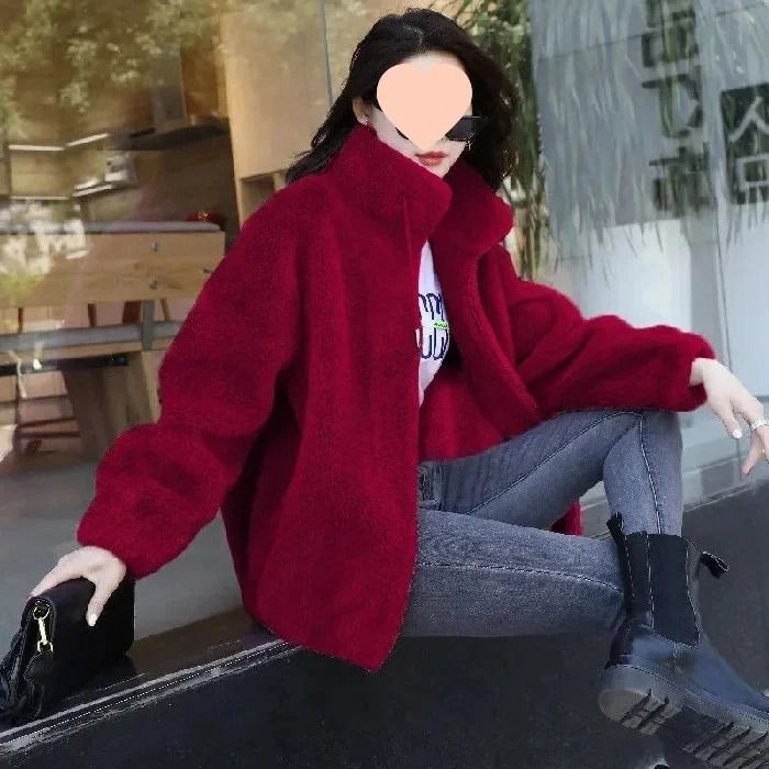 Women thickened fleece zip up stand collar hoodie jacket casual winter outerwear