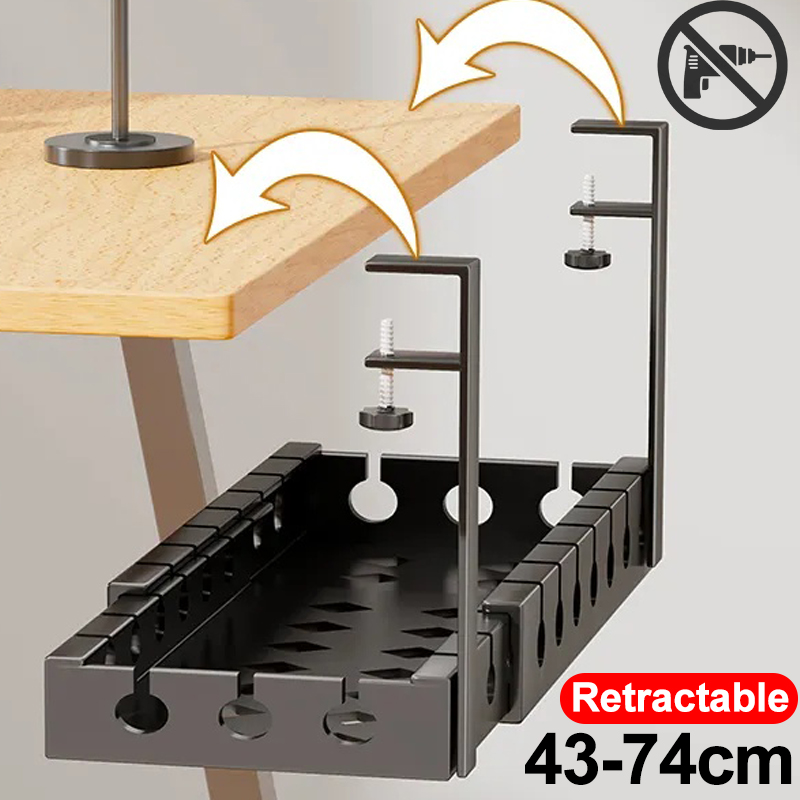 Under Desk No Drilling Cable Management Tray Retractable Organizer Metal Storage Rack for Home Office Router Data Wire
