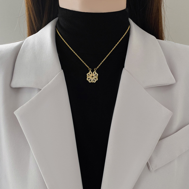 Heart Shaped Clover Necklace Pendant, Stainless Steel Magnetic Love Necklace for Women, Gift Jewelry