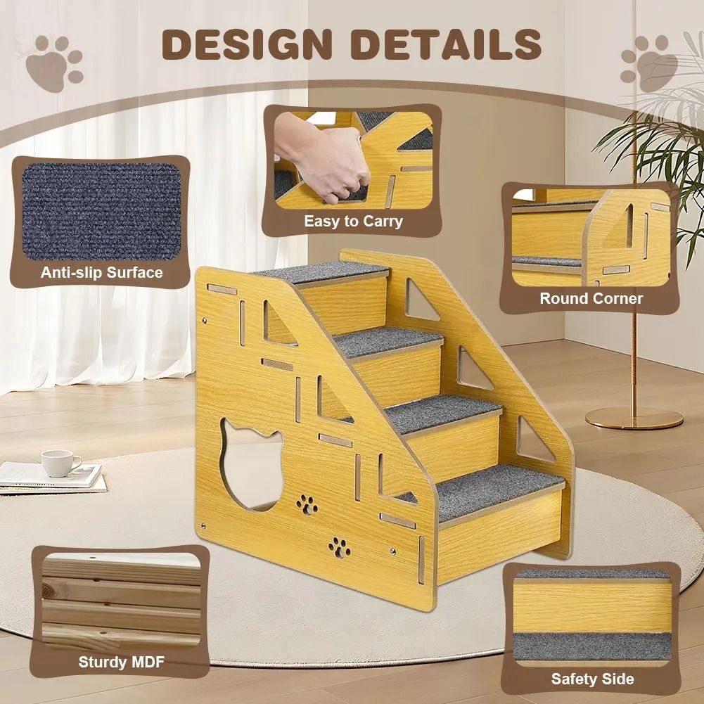 4 Step Wooden Pet Stair Ladder with Carpeted Steps
