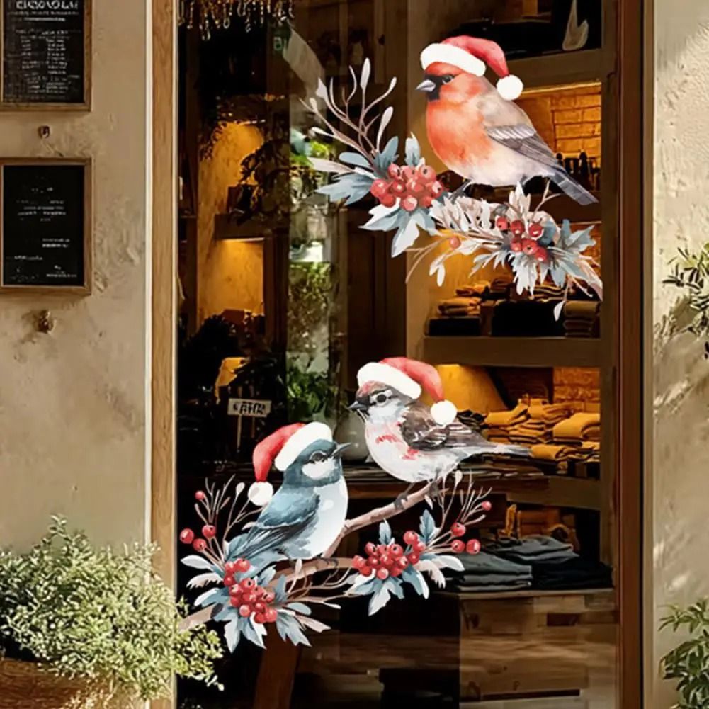 Christmas Bird and Tree Branch Window Static Stickers Set