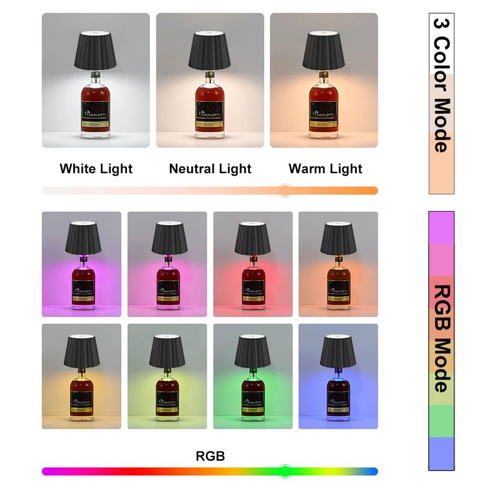 RGB Rechargeable LED Bottle Table Lamp – Touch Control Dimmable Wireless Wine Bottle Light