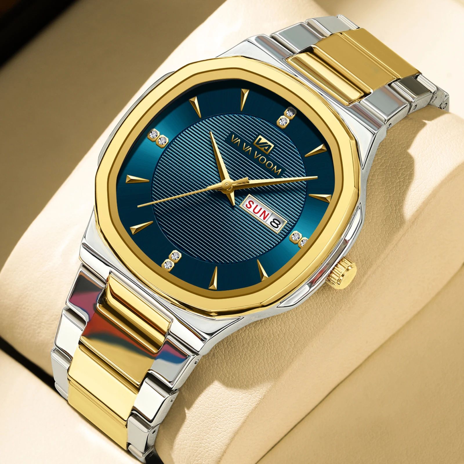 VA VA VOOM Gold Rhinestone Men's Luxury Watch – 41MM Stainless Steel Waterproof Quartz Business Timepiece