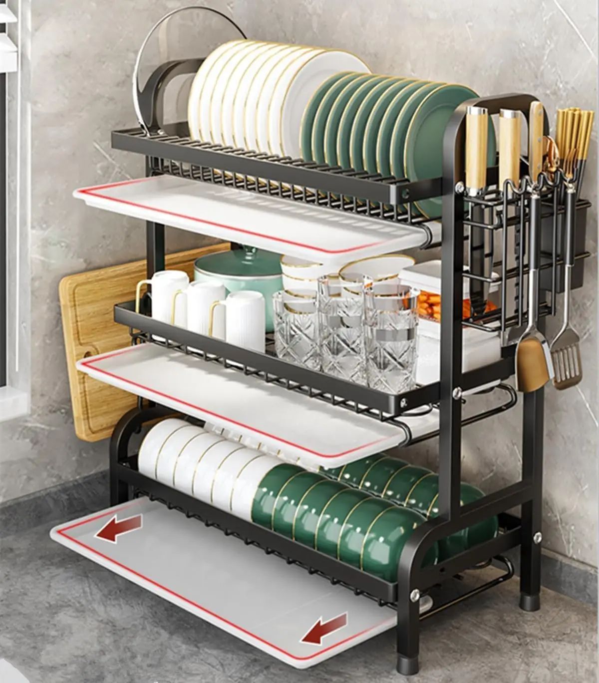 3-Tier Large Capacity Dish Rack – Space-Saving Kitchen Countertop Organizer & Utensil Holder