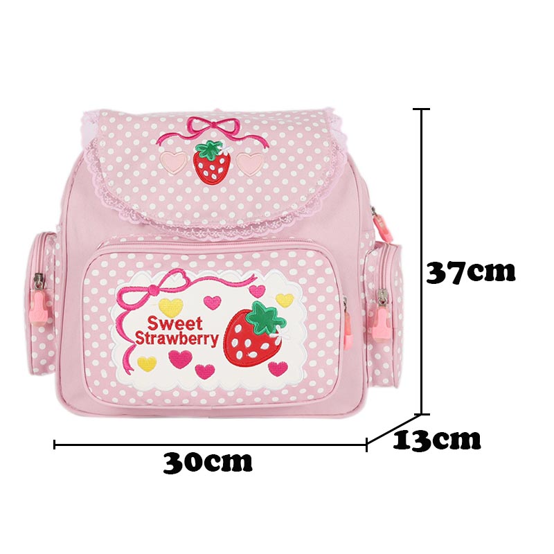 Strawberry Embroidered Girls School Backpack Cute Pink Kids Book Bag