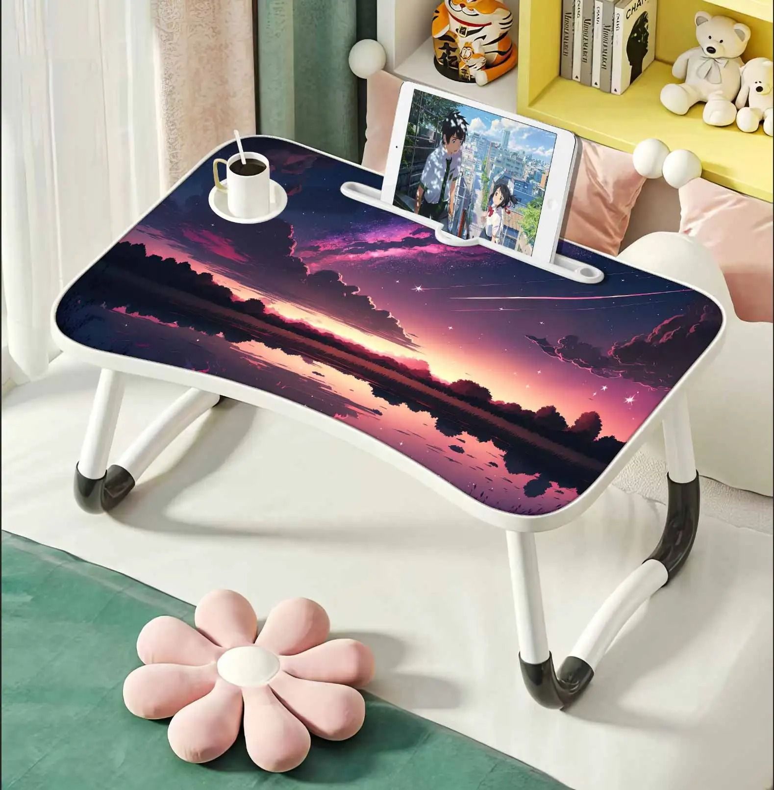 Folding Laptop Bed Desk Portable Wooden Table with Cup Holder