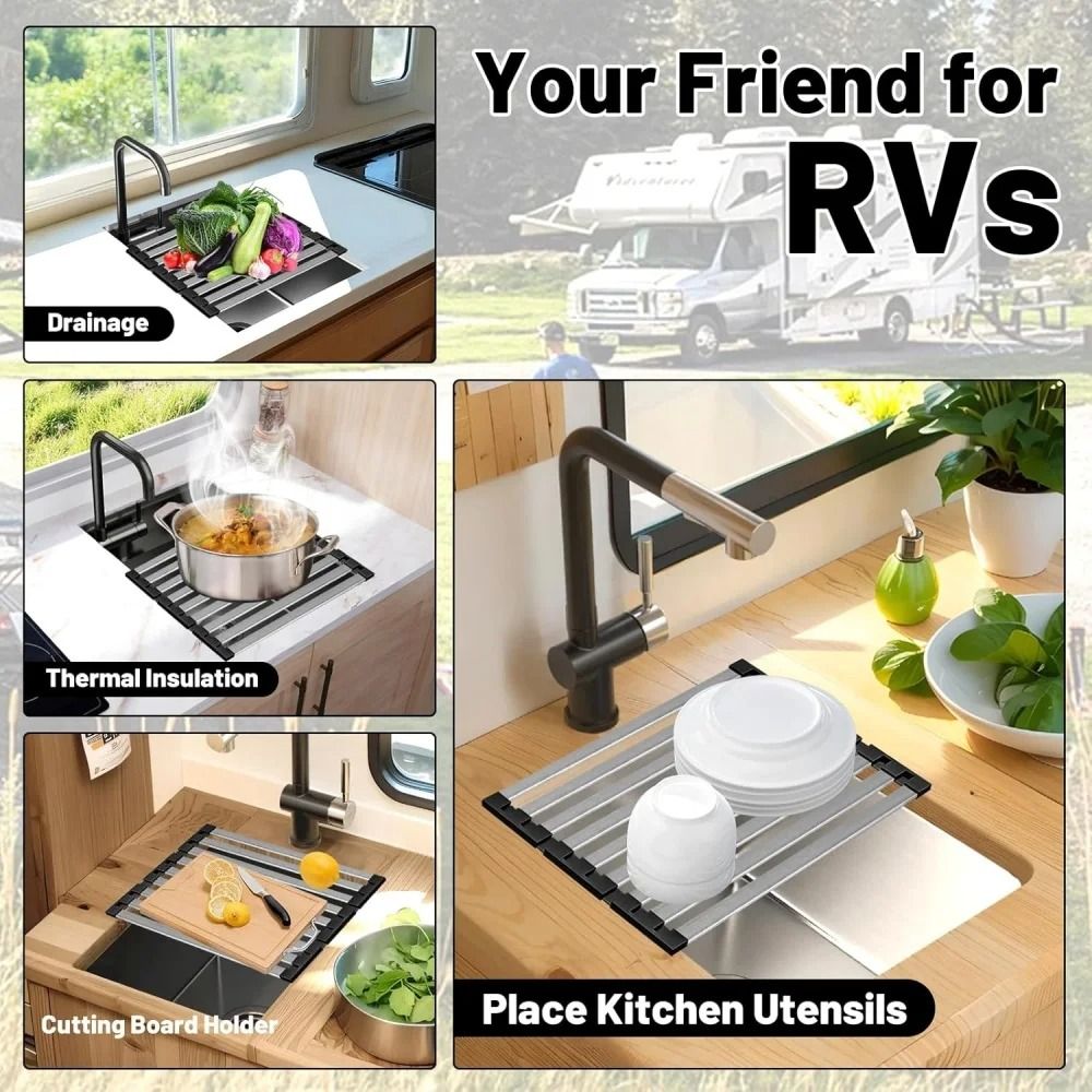 Premium 304 Stainless Steel Roll-Up Dish Drying Rack – Foldable & Retractable Sink Drainer