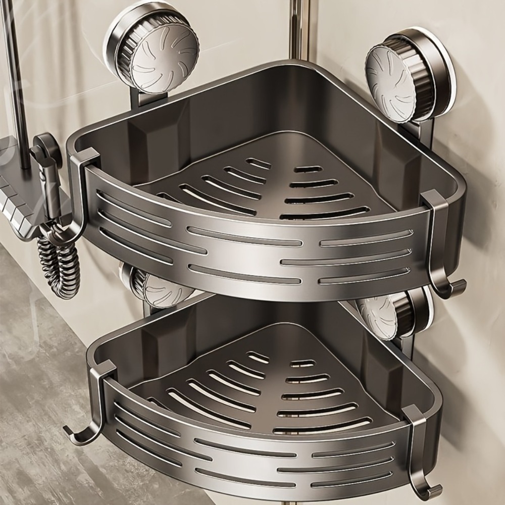 Multifunctional Storage Organizer with Hooks, Triangular Space-Saving Suction Cup Bathroom Shelf, No Drilling Required