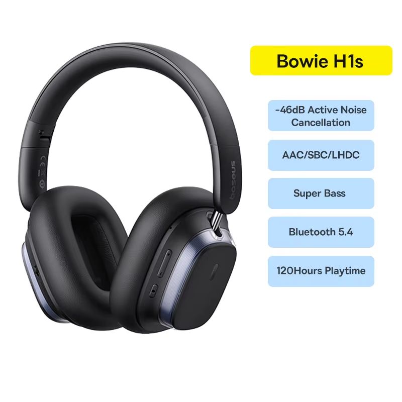 Baseus Bowie H1s Bluetooth Noise Cancelling Headphones Hi-Res Wireless Over-Ear Headset with 120H Battery