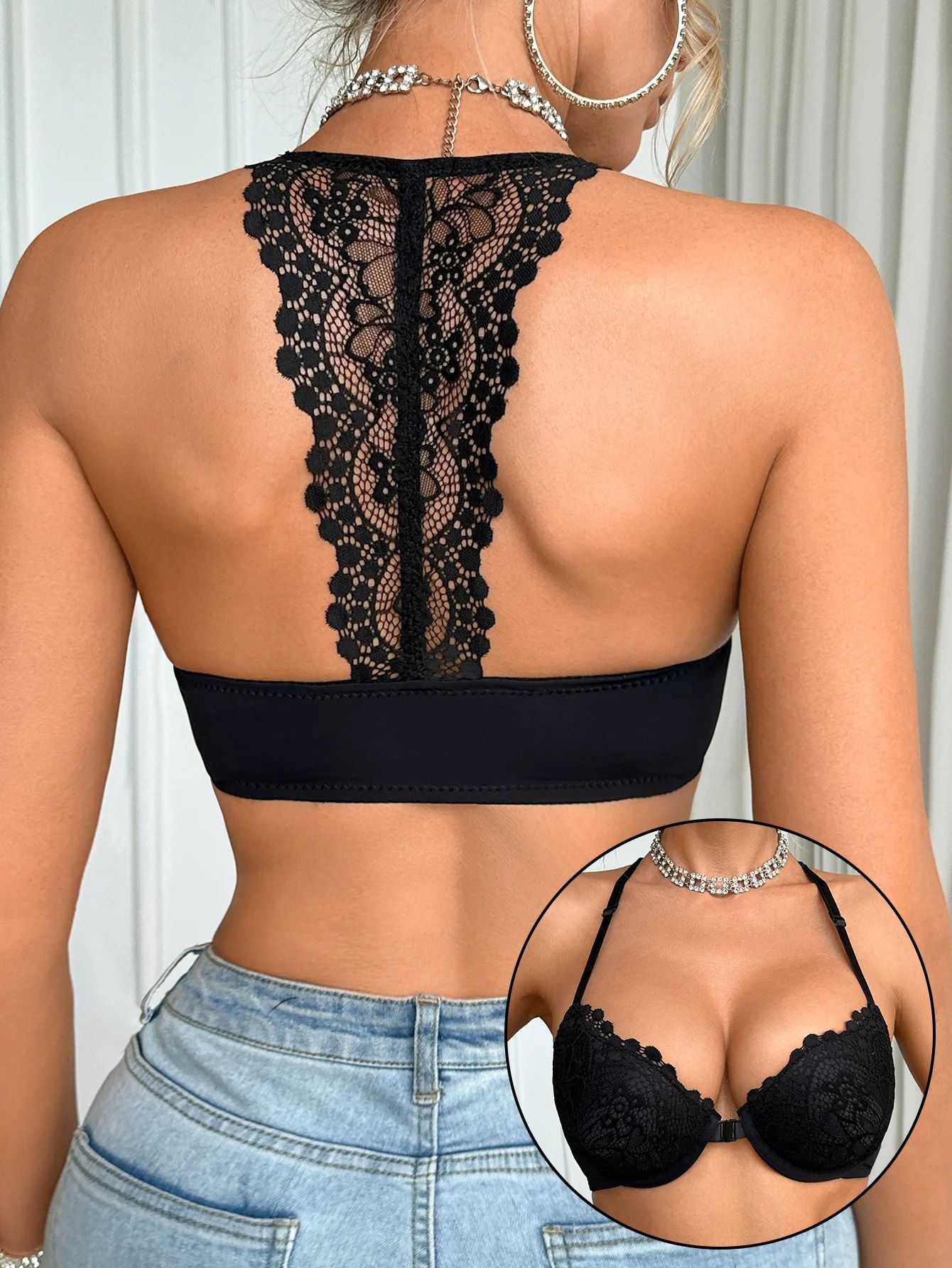 Fashionable Women Front-Clasp Push-Up Bra Sexy Lace Splicing Comfortable Lingerie