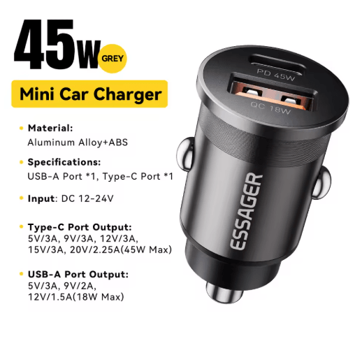 Essager 45W Mini USB C Car Charger PD 3.0 & QC 3.0 Fast Charging Adapter