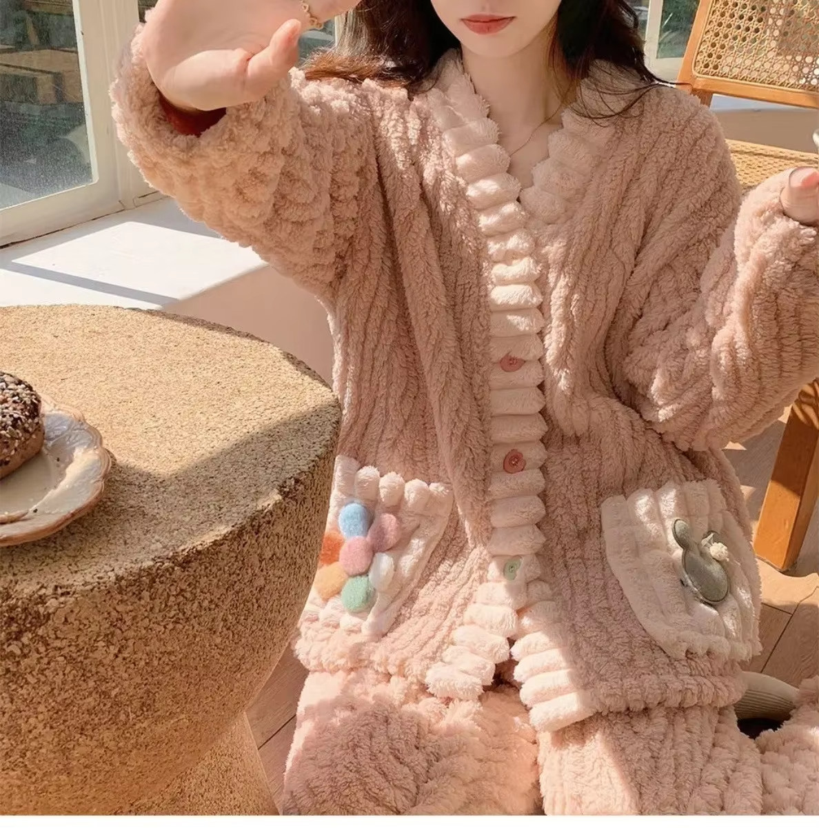 Cozy Thickened Warm Flannel Women Sleepwear, Winter Sweet Kawaii Soft Fairy Wind Loungewear Pajamas Cardigan Suit
