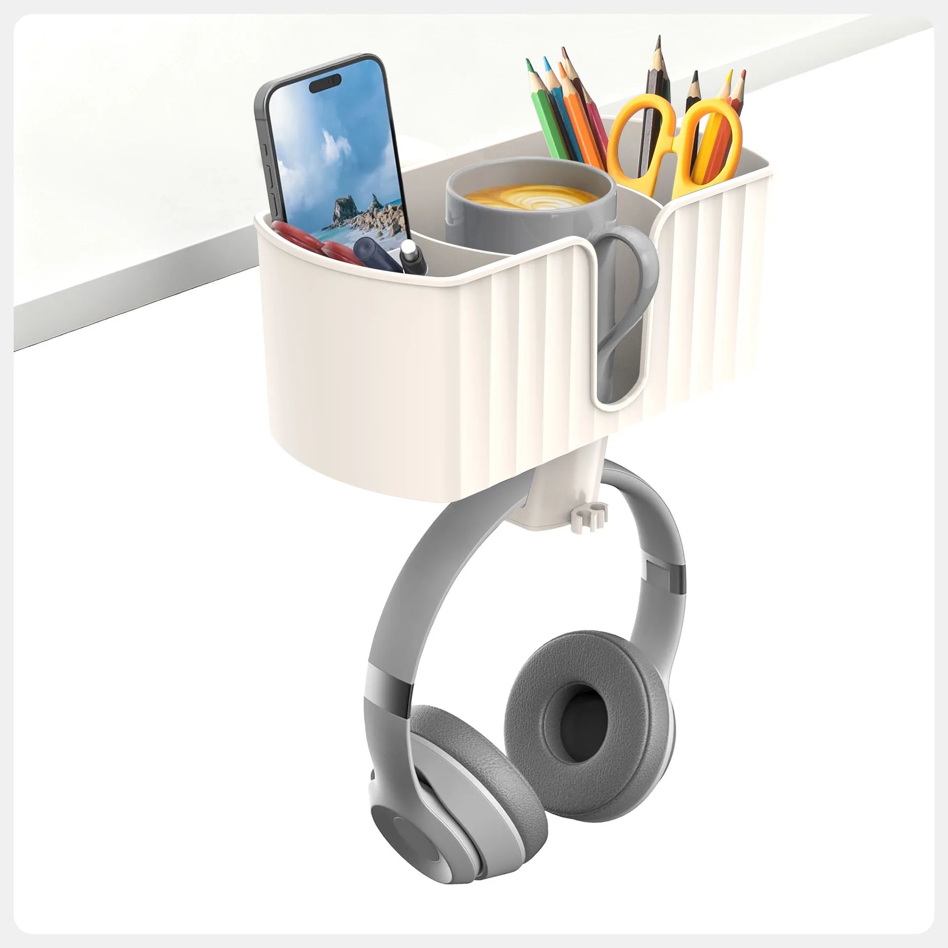 4-in-1 Clamp-On Desk Organizer with Rotating Headphone Holder and Cup & Pen Storage