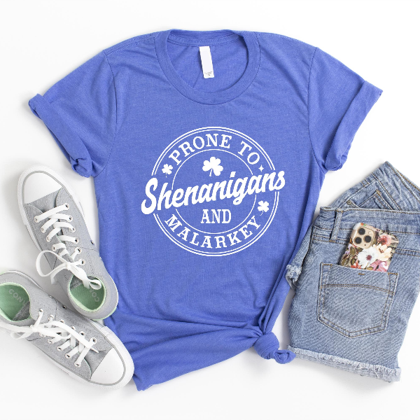 Prone to Shenanigans and Malarkey Sweatshirt | Funny St. Patricks Day Shamrock Irish Crewneck Pullover